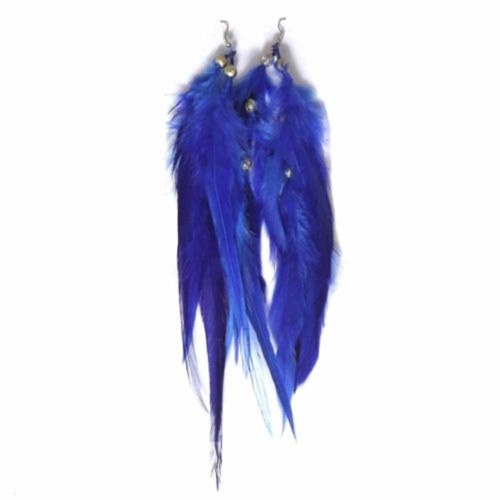 Pair of Blue 20cm Feather Earrings with Gold Beads, Costume Accessory Craft