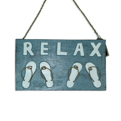 35cm Blue Wash ÛÏRELAX۝ Sign Plaque with thongs / flip flops Beach Theme