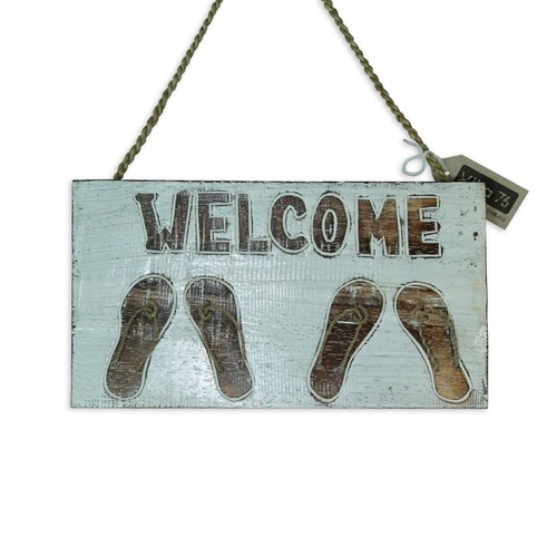 35cm White Wash ÛÏWELCOME۝ Sign Plaque with thongs / flip flops Beach Theme
