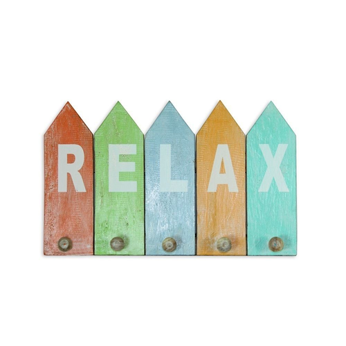 40x25cm Hanging Wooden Key/Coat Rack, Blue/Grey Wash with RELAX wording