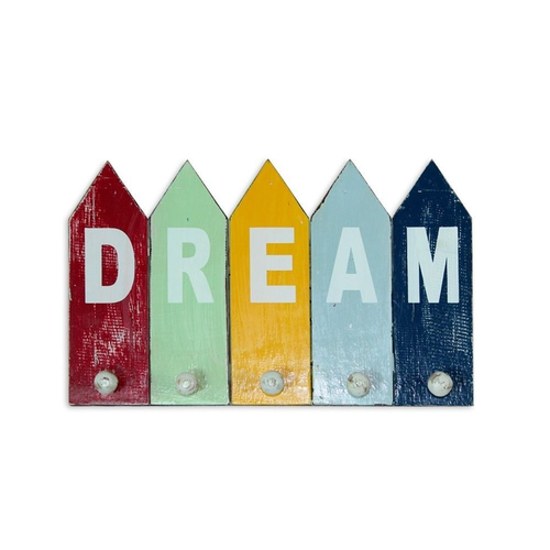 40x25cm Hanging Wooden Key/Coat Rack, Blue/Grey Wash with DREAM wording