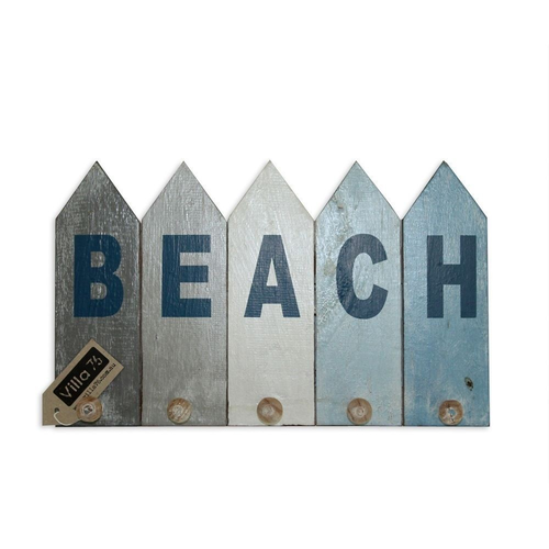 40x25cm Hanging Wooden Key/Coat Rack, Blue/Grey Wash with BEACH wording