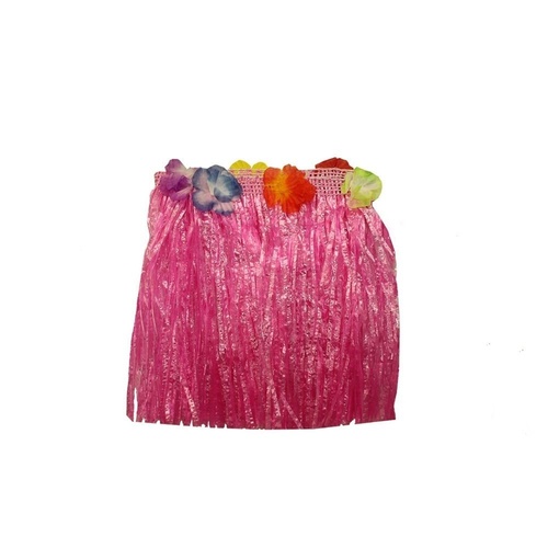 2 x 30cm Pink Kids Hawaiian Tropical Hula Grass Skirts with Flowers Theming