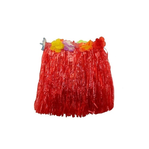 2 x 30cm Red Kids Hawaiian Tropical Hula Grass Skirts with Flowers Theming
