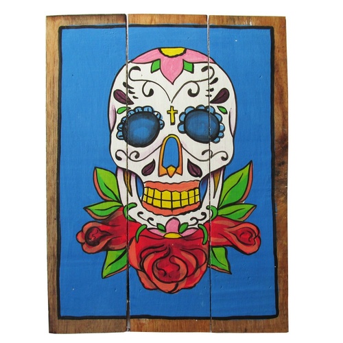 Blue Sugar Skull 40x31cm Wooden Hanging Sign Beach Theme