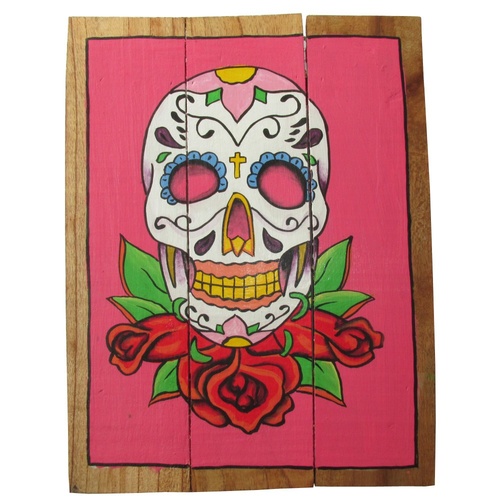 Pink Sugar Skull 40x31cm Wooden Hanging Sign Beach Theme