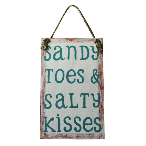40x15cm Sandy Toes and Salty Kisses White Vintage Wash Hanging Sign Beach Vintage Theme