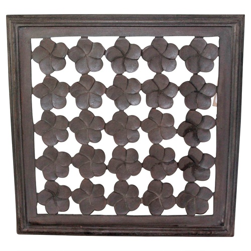 40cm Dark Brown Hand Carved Wooden Square Plaque Frangipani Wall Art Frame