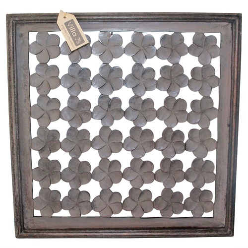 Dark Brown Hand Carved Wooden Square Plaque with Frangipani, Wall Art Frame-50cm