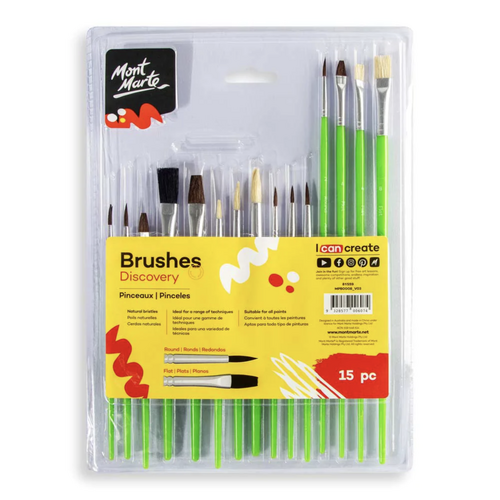 Mont Marte Silver Series Paint Brush Set 15pce, Varied Sizes/Shapes, Flat & Round Tip Brushes