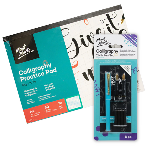 Calligraphy Set Mont Marte 2 Nib Cartridge Pen & A4 Writing Paper Workbook Kit