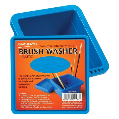 Mont Marte Brush Washer/Holder, Twin Compartment in Easy Clean Plastic