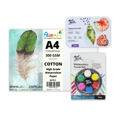 Mixed Mont Marte Watercolour Paint Cake Set with A4 Cotton Paper, Compact Kit