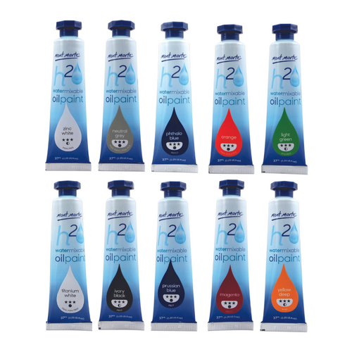 10x Mont Marte Water Mixable Oil Paint 37ml Tubes Primary Extra Colours Set