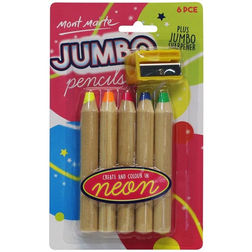 Mont Marte Jumbo Neon Drawing Pencils with Sharpener 6pce Set