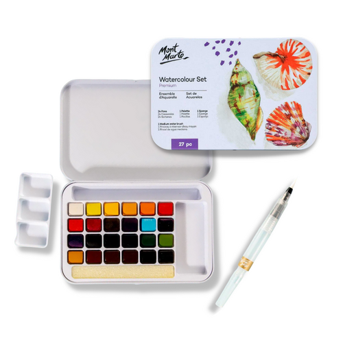 2x Mont Marte Watercolour Paint Cake Set In Metal Tins with Brushes & Palettes