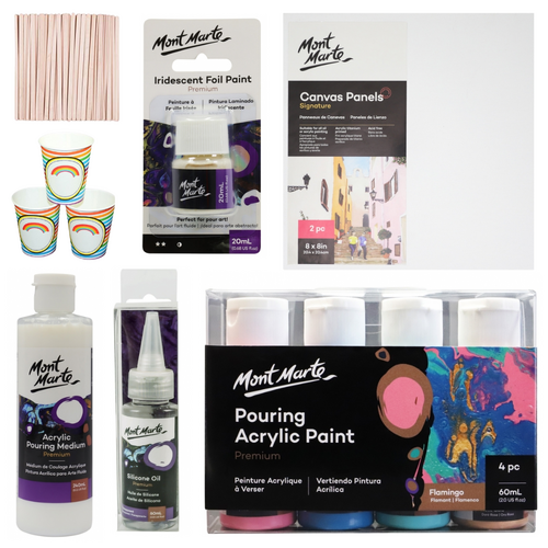 Pouring Paint Starter Set Canvas, Oil, Foil, Medium, Flamingo Paint 71pce Bundle