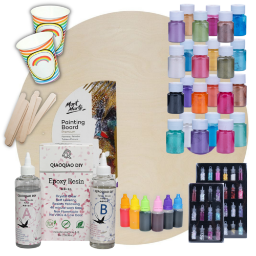 Resin Art Pouring Kit with Epoxy, Pigment Dye, Glitter & Wood 50cm Board DIY