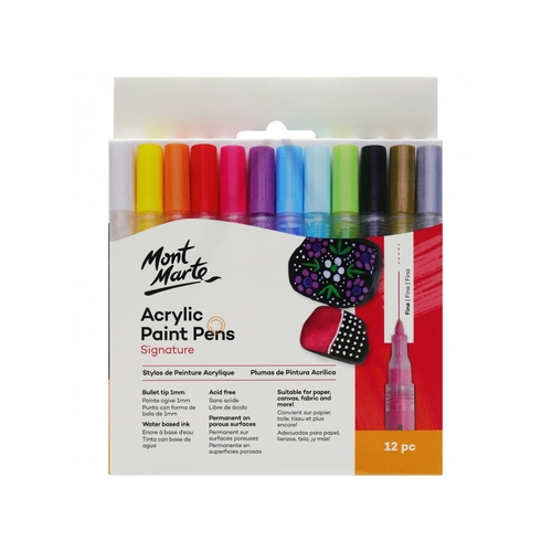Mont Marte Acrylic Paint Pens 12pce Fine Tip 1mm, Acid Free Markers