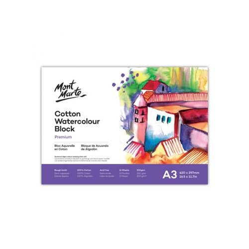 Mont Marte Cotton Watercolour Paper Block 300gsm A3 12 Sheets, Painting/Drawing