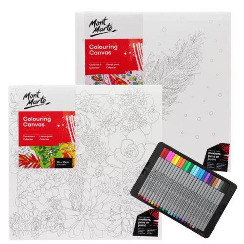 Pair of Mont Marte Colouring In Canvas with 24pce Fine Liner Markers in Metal Case