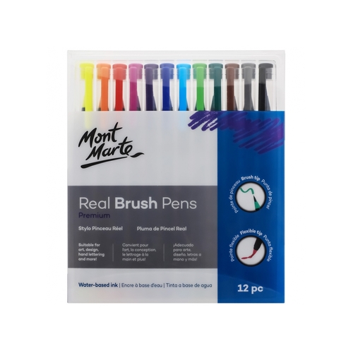 Mont Marte Real Brush Pens 12pce, Flexible Tip, Waterbased Colour Ink Blendable