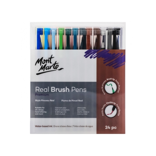 Mont Marte Real Brush Pens 24pc, Flexible Tip, Water Based Colour Ink Blendable