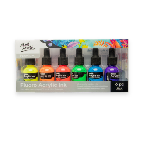 Mont Marte Fluoro Acrylic Ink 6pc x 20ml Acrylic-based Bright Painting Droppers