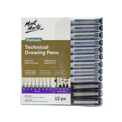 Mont Marte Technical Drawing Pens 12pce Mixed Permanent Markers