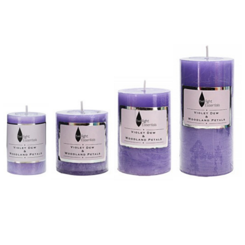 Twilight Essential Pillar Candles Set Violet Dew & Woodland Petals Scented 4 Pieces