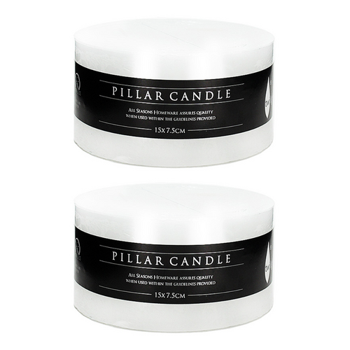 2x White Candles Flat Top Pillar Church 15cm Lead Free 60 Hours Burn
