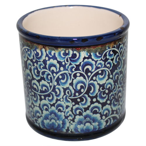 Blue Turkish/Urban Inspired Ceramic Flower Pot 9.8x9.5cmH Round Cylinder Look