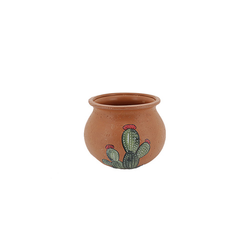 14x15cm Flower Pot Terracotta with Cactus Art Work - Herbs, Flowers, Succulents