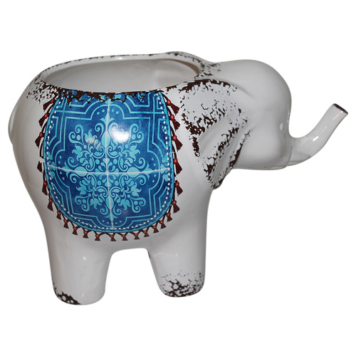 White Ceramic Pot Elephant Mixed 26x16cm Mandala Design Planter