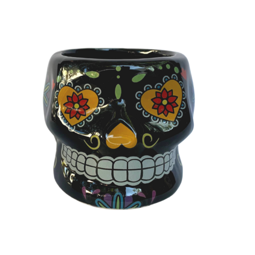 Black Ceramic Pot Sugar Skull Glazed 9.3x10.5x7cm Succulents, Herbs Planter