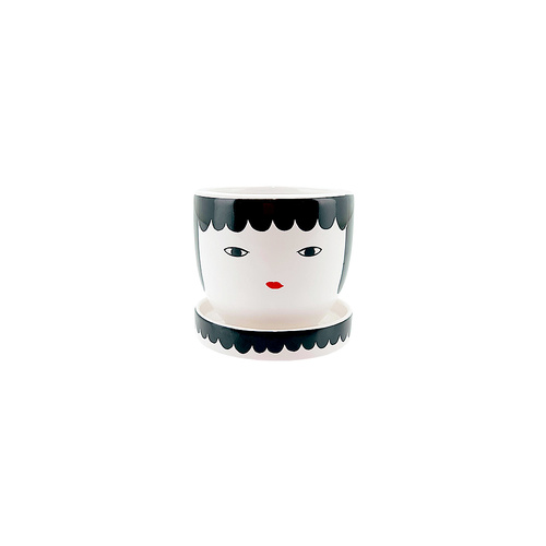 New 1pce Flower Pot Head w/Face & Saucer 8x8x7.8cm Black White Red Lips