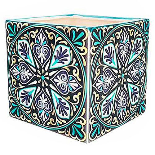 X Design Ceramic Flower Pot Square Aqua Colours Mandala Designs 13x13x12.5cm Herbs, flower
