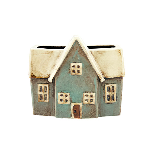 New 1pce Planter House Ceramic Flower Pot Green with White Roof 17x9x14.5cm
