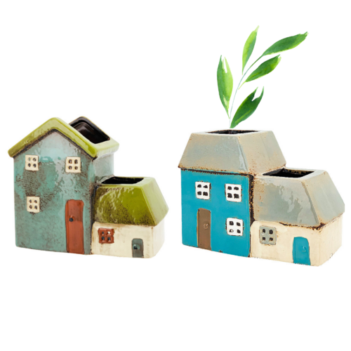 2pce Set Ceramic Pot Plant House Old Country Style Herb, Flower or Succulent Garden