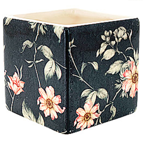 Black/Blue Flower Pot Square Japanese Inspired Floral Design 7.5x7.5cm, Succulent