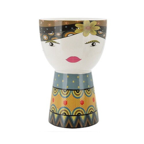 Yellow Pot Head Face 12x12x19cm Ceramic Planter Glazed Colourful Cute Funky