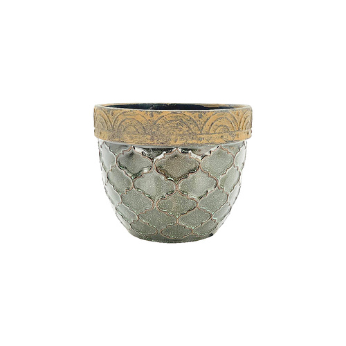 New 1pce Large Antique Green / Gold Flower Pot Ceramic 17.5x14cm Honey Combe Design