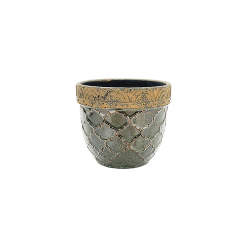 New 1pce Medium Antique Green / Gold Flower Pot Ceramic 14.5x12.5cm Honey Combe Design