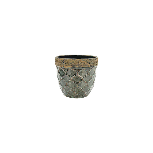 New 1pce Small Antique Green / Gold Flower Pot Ceramic 11.5x10.5cm Honey Combe Design