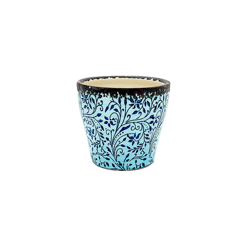 New 1pce Medium Sky Blue Flower Pot Ceramic 13.7x12cm with Indigo Floral Detail