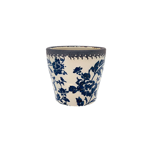 New 1pce Medium White Pot Flower Ceramic 13.7x12cm with Indigo Floral Detail