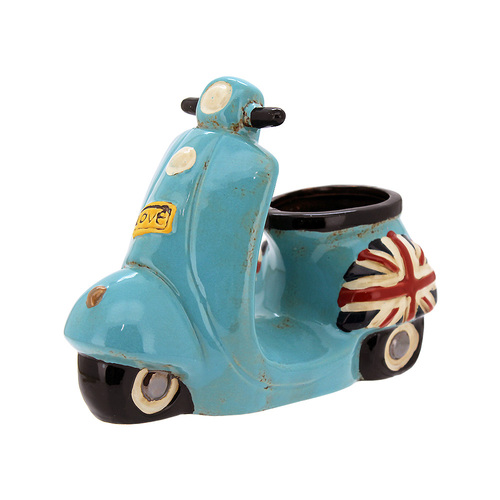 Scooter/Moped Pot Ceramic Succulent 26x11x18.5cm Aqua British Flag 1pce