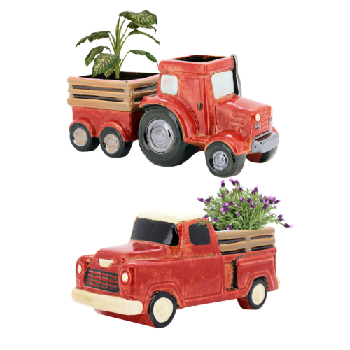 2pce Set of Farm Trucks Tractor Red Pot Planters Ceramic Herb Succulent Combo