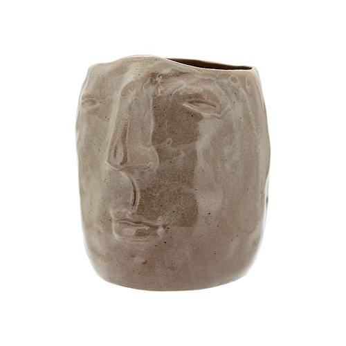 1pce Ceramic Planter Brown Moulded Face 16.5x16.5x18.5cm Flower Pot Succulent