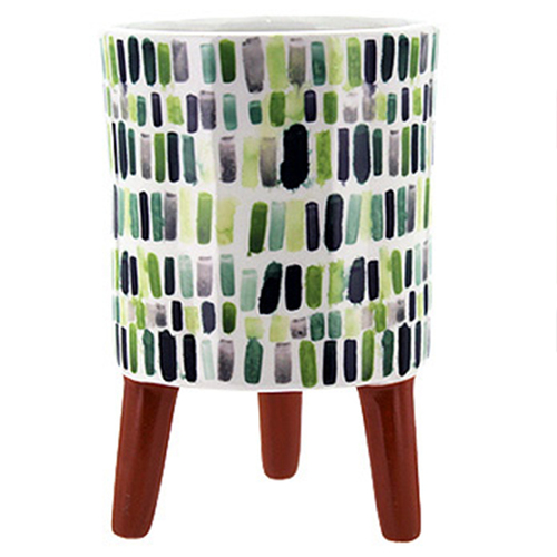 Green Mosaic Look Ceramic Pot Round w/Legs Watercolour Design 10x15cmH Succulent Succulent